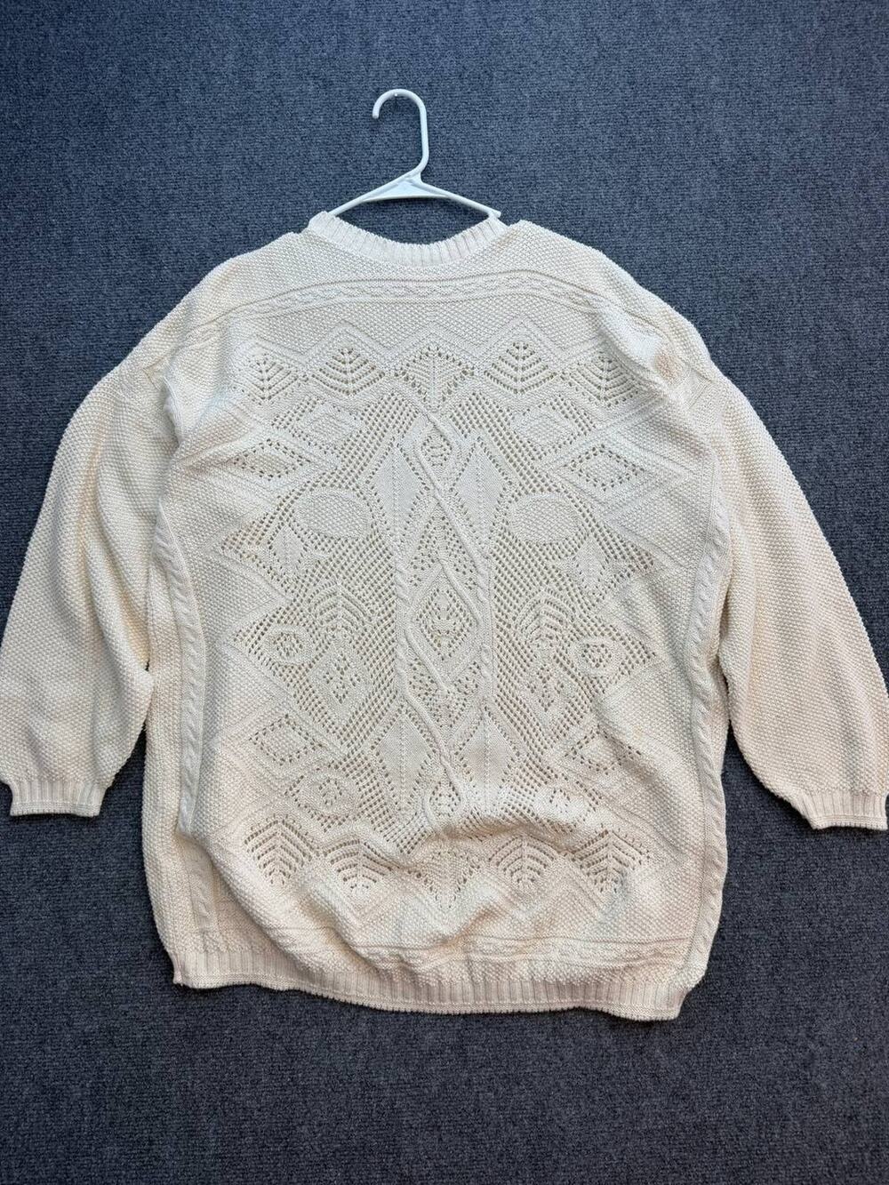 Knit Club Women's Cotton Knit Sweater Ivory Cable Open Knit USA Size Large L